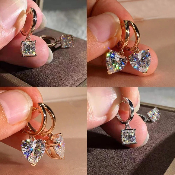 - 🔥 Heart Square Diamonds Shiny Princess Cut CZ Earrings For Women, HA4178 - Picture 2 of 2